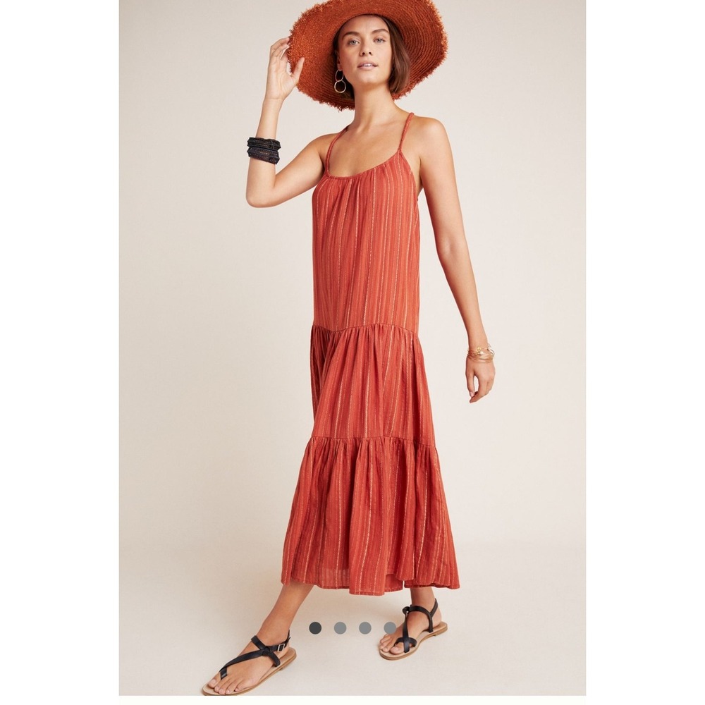 Frye x Anthropologie‎ Rust Metallic Stripe Tiered Maxi Dress M